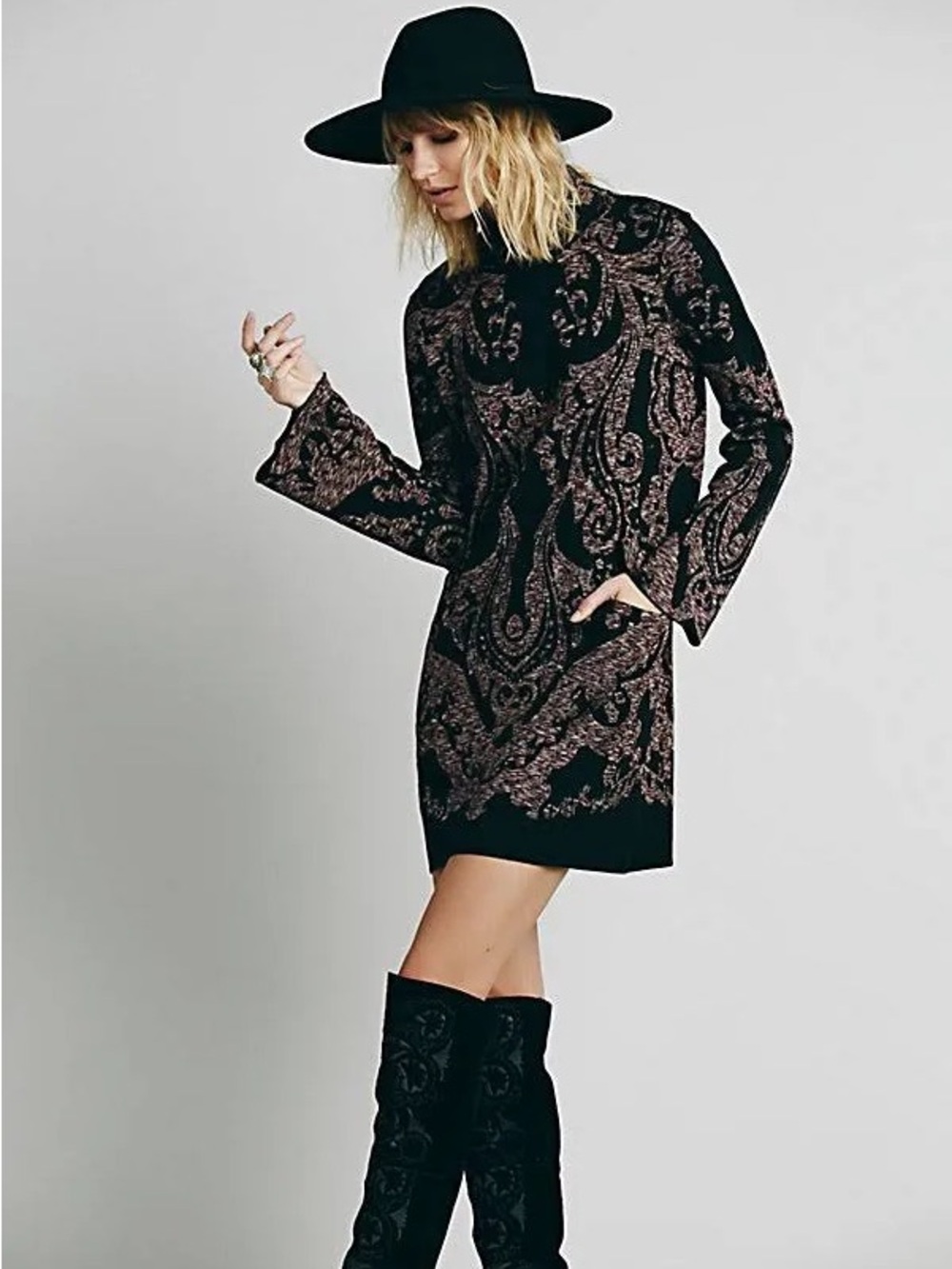 Free People Paisley Knit Mini Dress in Black and Mauve